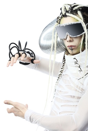 A cybergoth guy with dreadlocks, goggles and a white jumpsuit