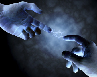 Electricity sparks between spooky hands