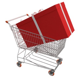 a shopping trolley with an enormous present inside it