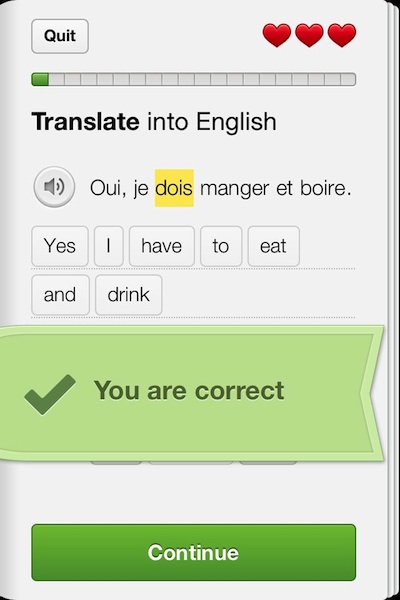 A screenshot from the Duolingo app