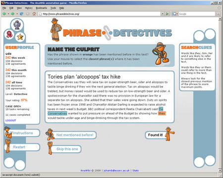A screenshot of The Phrase Detective Detective