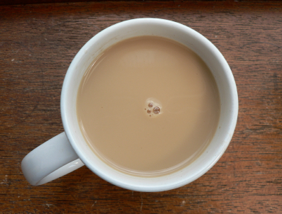 a top view of a very British-looking mug of tea