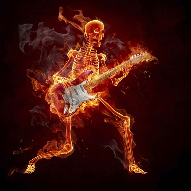 A skeleton playing a guitar in fire