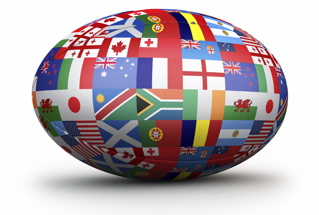 A Rugby ball with the flags of the 2007 world cup nations